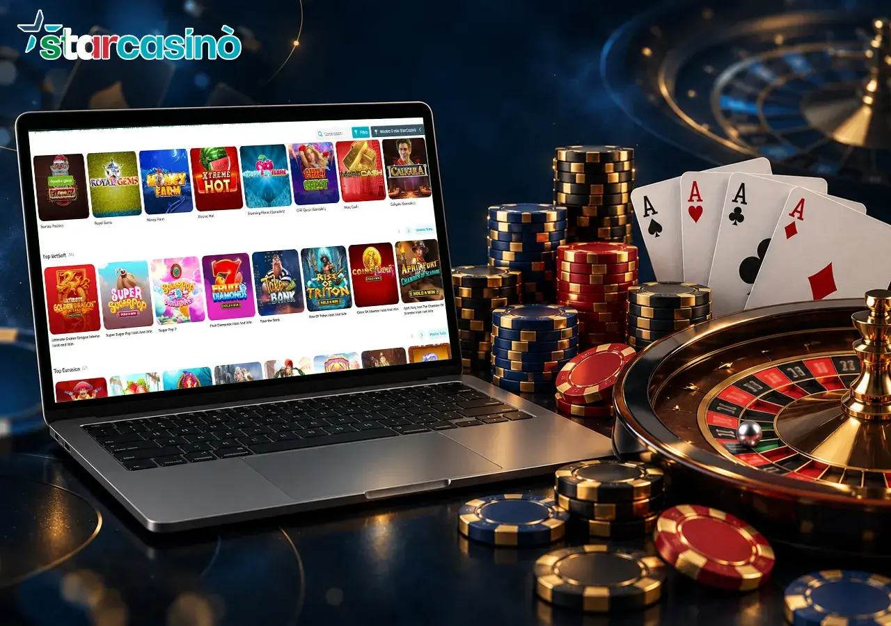 Un catalogo di slot sul laptop si affianca a roulette, fiches e carte